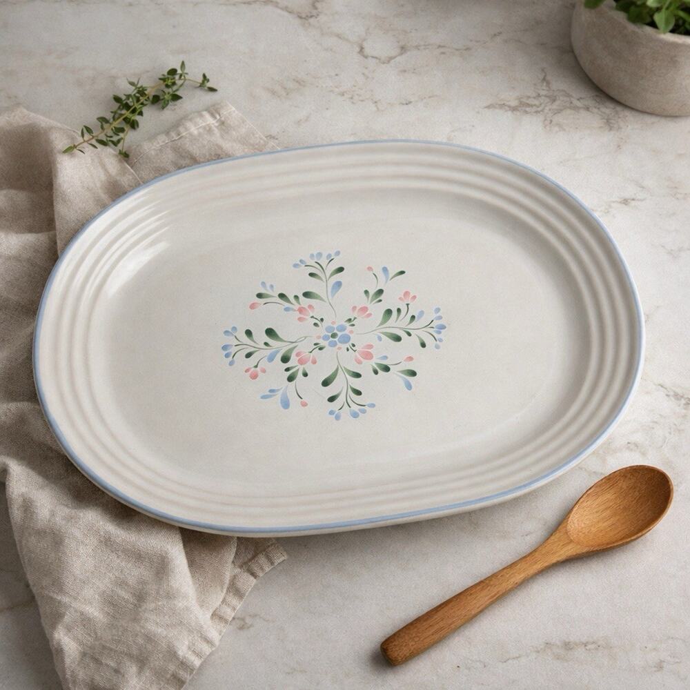 Yamaka Fascino Platter Dish Oval Serving Japan Stoneware Vtg Floral 12 1/2” Long